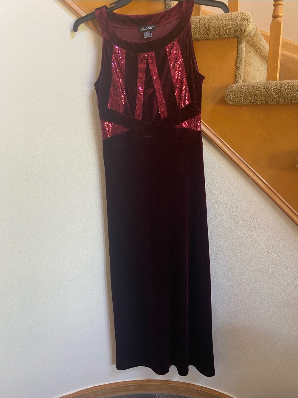 NWOT Burgundy Velvet Sequined Bodice Evening Dress, Petite, sz S, never worn